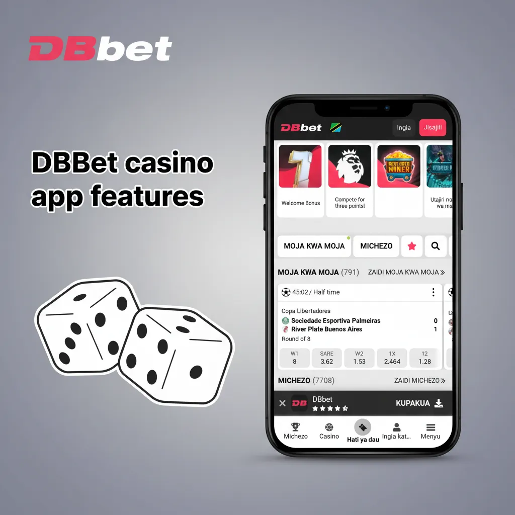DBBet app home screen showing sportsbook and casino tabs, popular slots, live casino lobbies, and promos/free spins.
