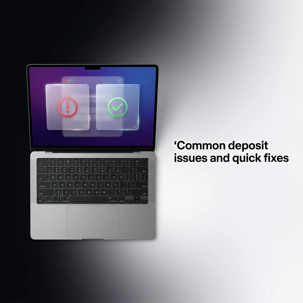 Illustration of common deposit issues including wrong reference, 3D Secure failure, and KYC errors with quick fixes