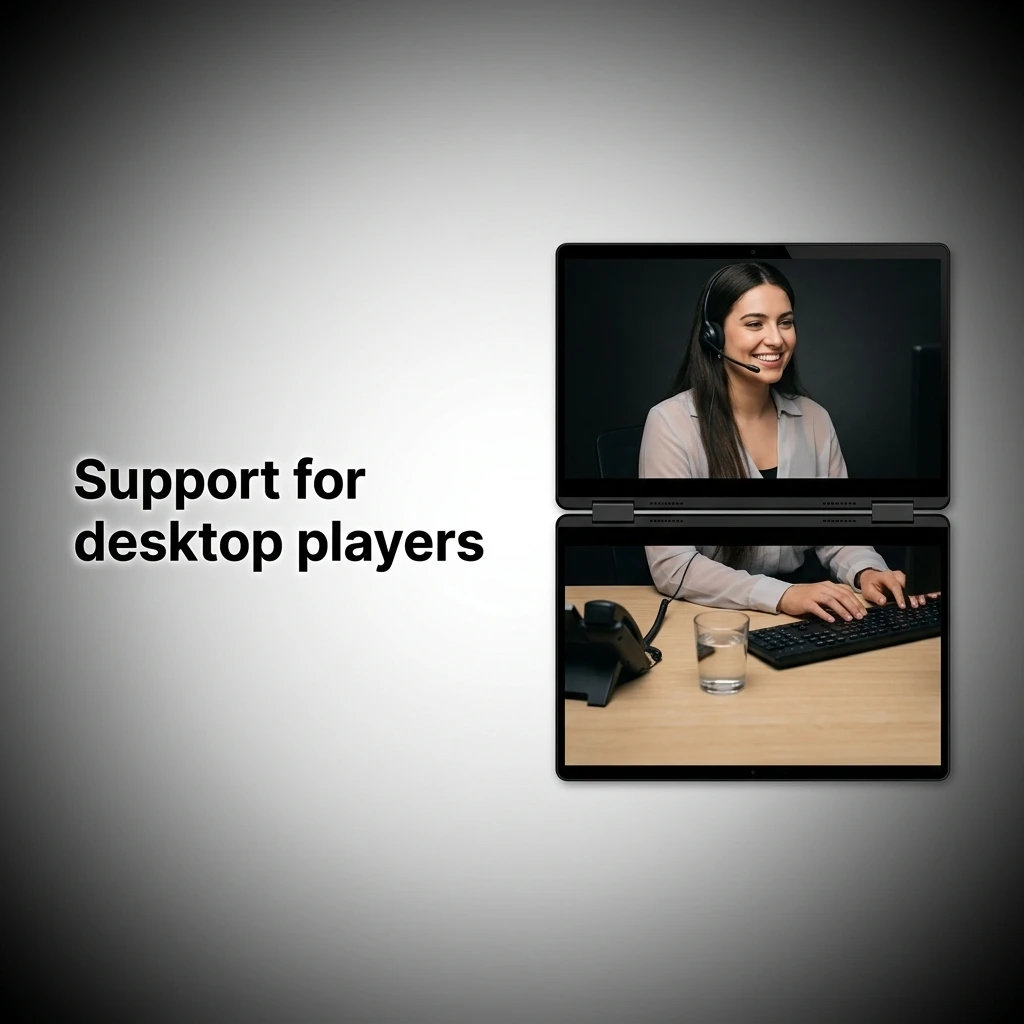 Support options for desktop players including live chat, email, phone, WhatsApp, and social media available 24/7