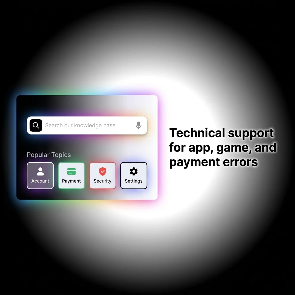 Technical support team helping resolve login errors, app issues, game freezes, and payment failures via chat, email, or phone.